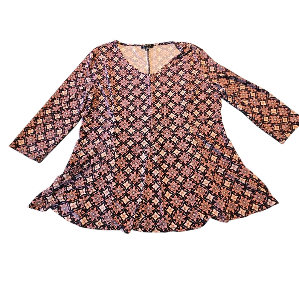 Roz & Ali 3/4 Sleeve Navy Blue w/Pink White Pattern Stretch Top Size XL E26